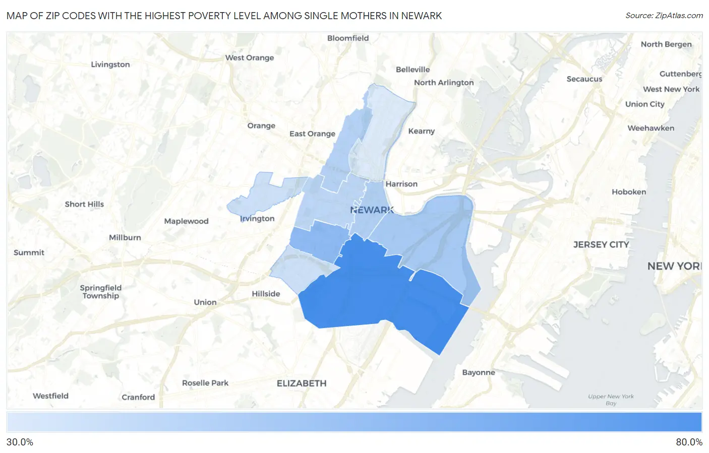 Zip Codes with the Highest Poverty Level Among Single Mothers in Newark Map