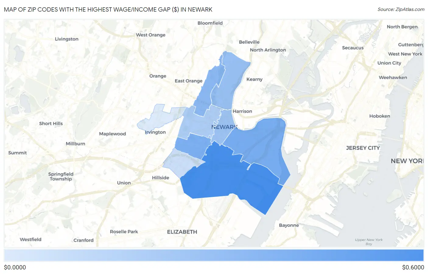 Zip Codes with the Highest Wage/Income Gap ($) in Newark Map