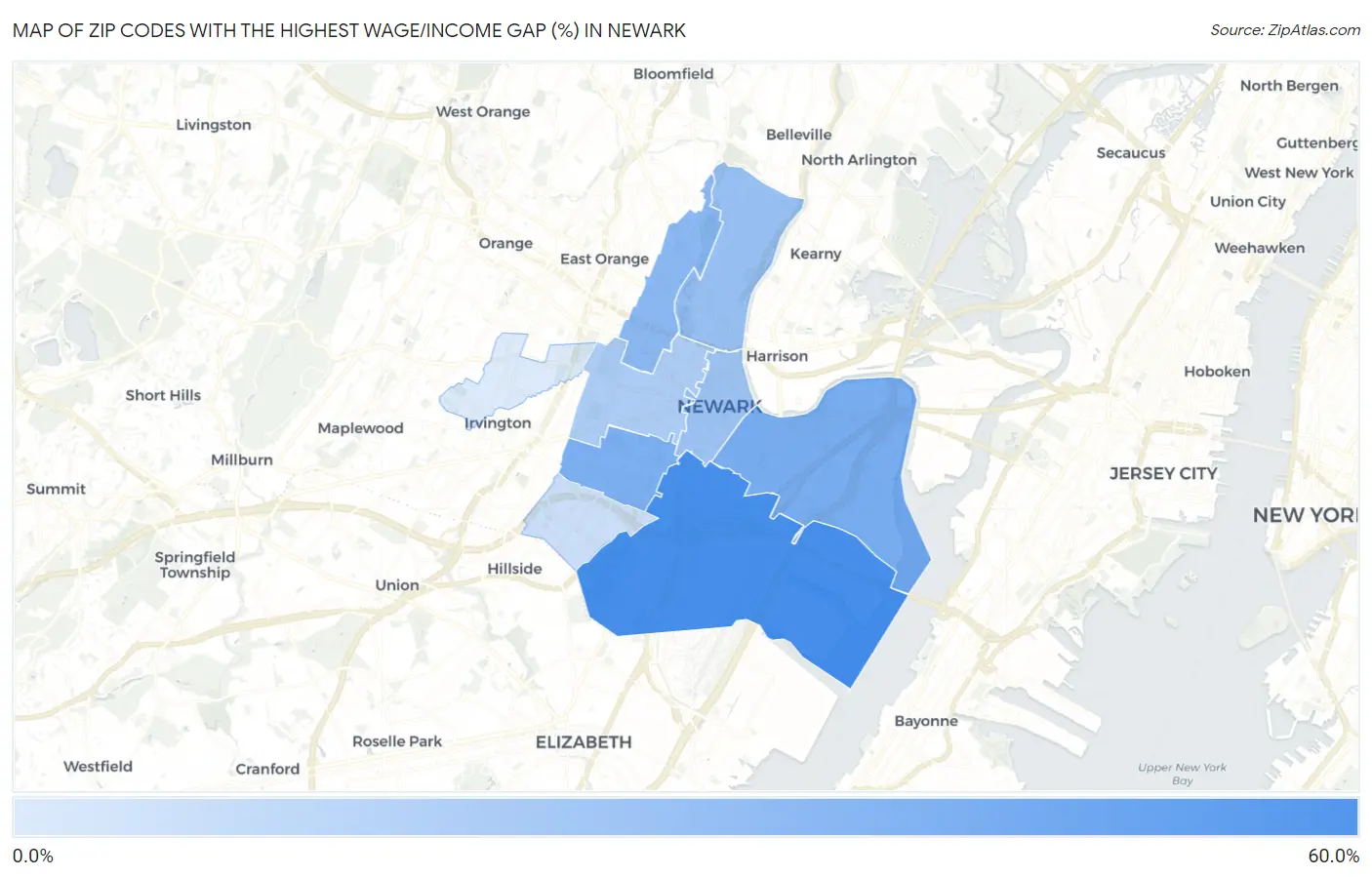 Zip Codes with the Highest Wage/Income Gap (%) in Newark Map