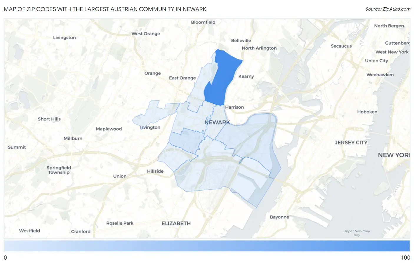 Zip Codes with the Largest Austrian Community in Newark Map