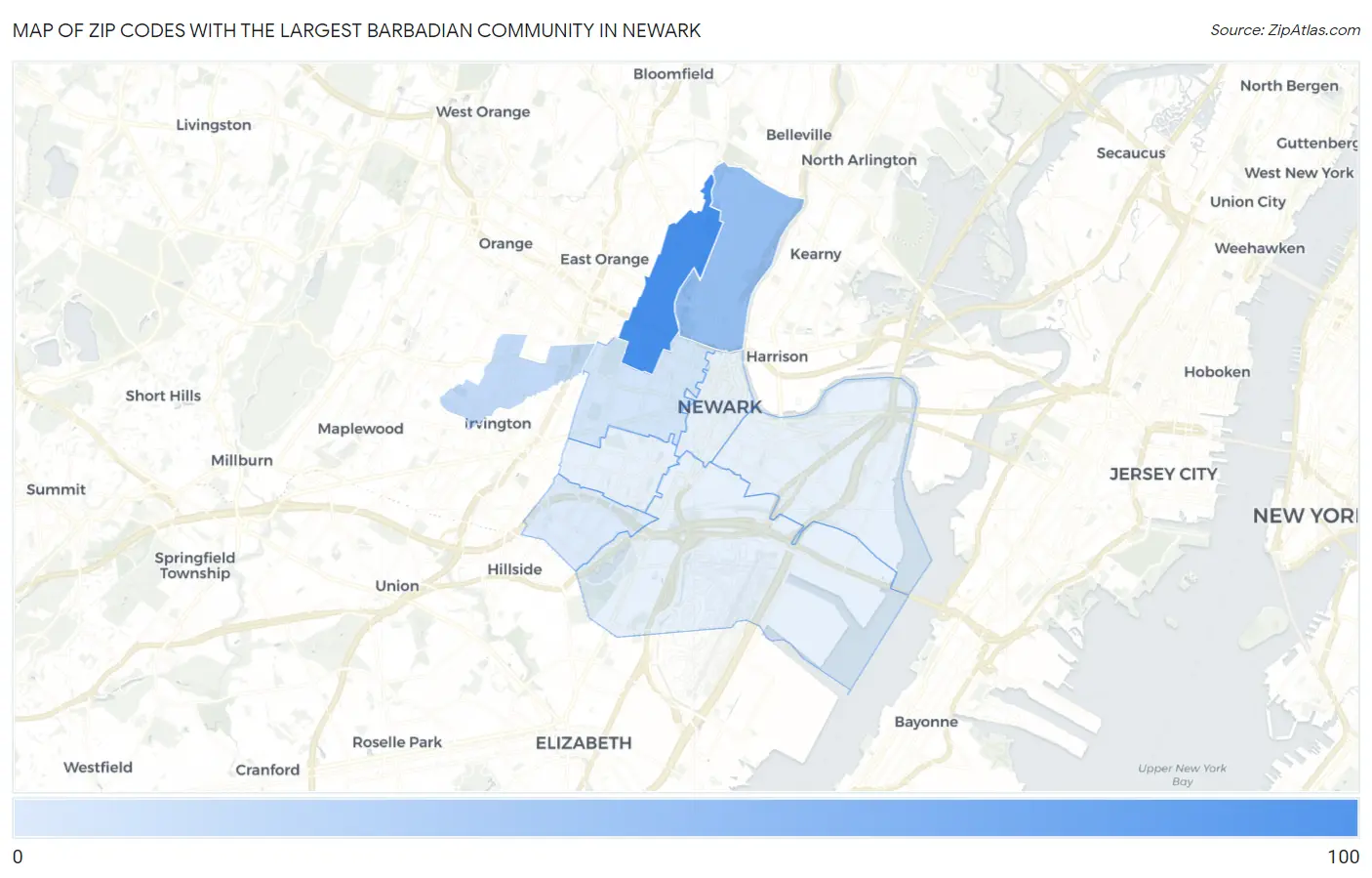 Zip Codes with the Largest Barbadian Community in Newark Map