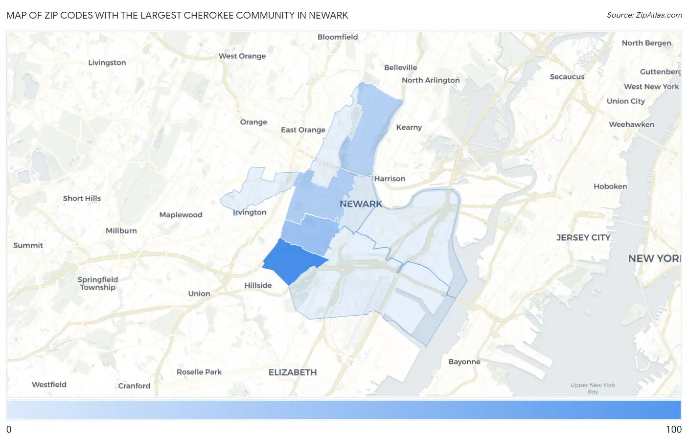 Zip Codes with the Largest Cherokee Community in Newark Map