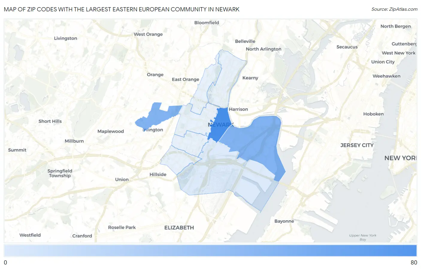 Zip Codes with the Largest Eastern European Community in Newark Map