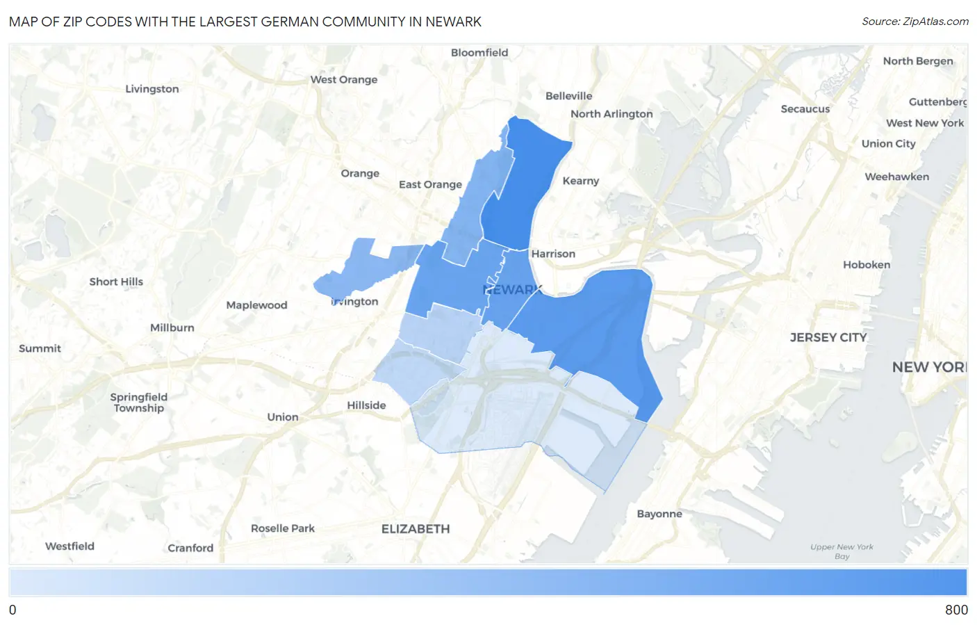 Zip Codes with the Largest German Community in Newark Map