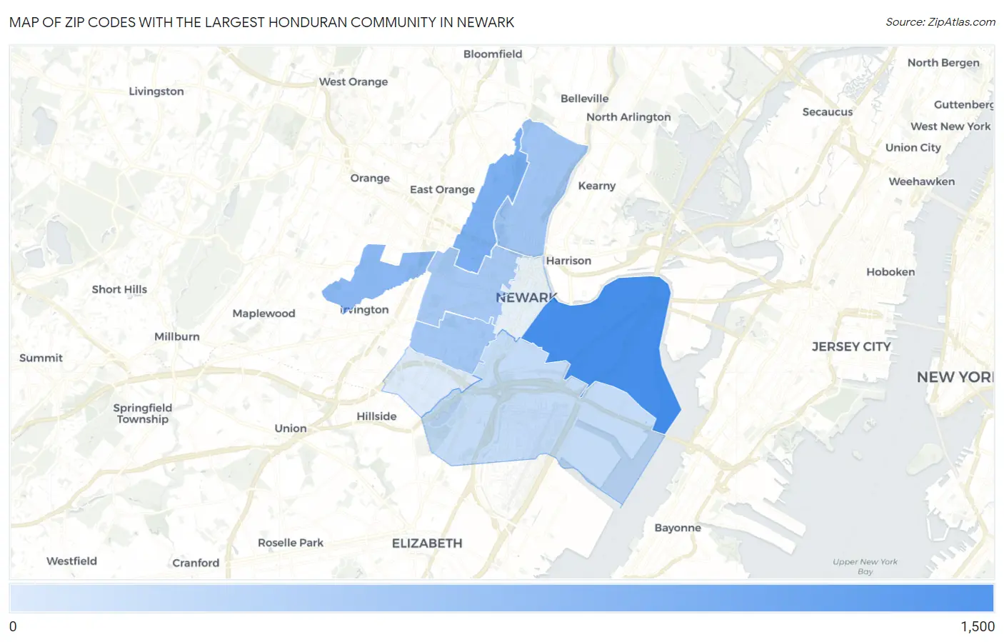 Zip Codes with the Largest Honduran Community in Newark Map