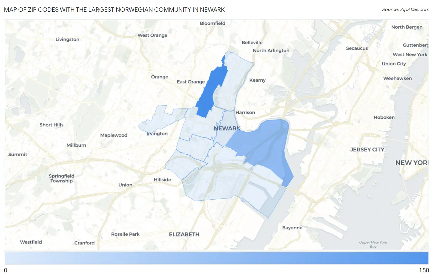 Zip Codes with the Largest Norwegian Community in Newark Map