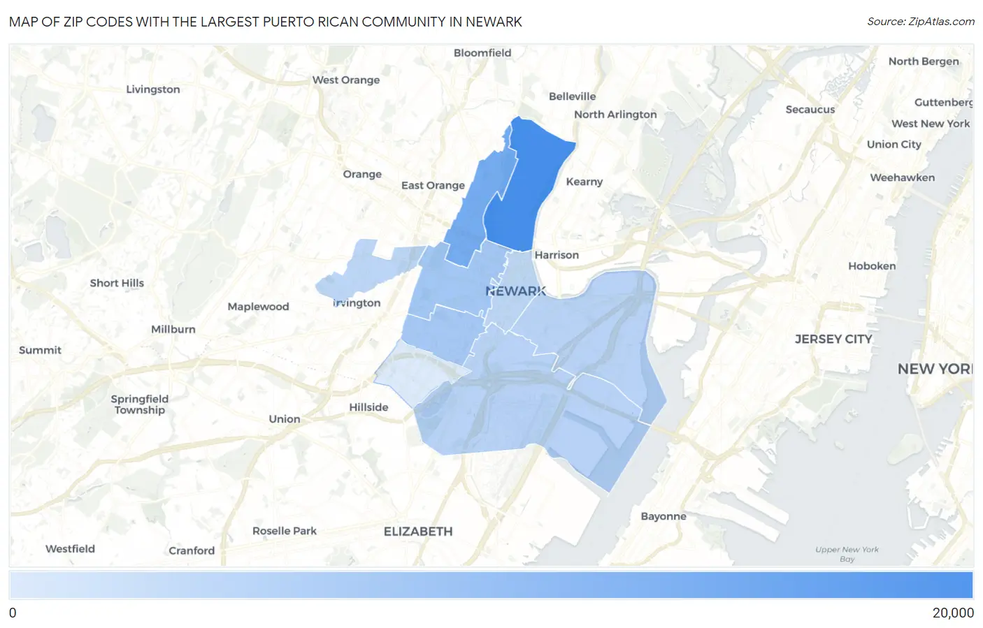 Zip Codes with the Largest Puerto Rican Community in Newark Map