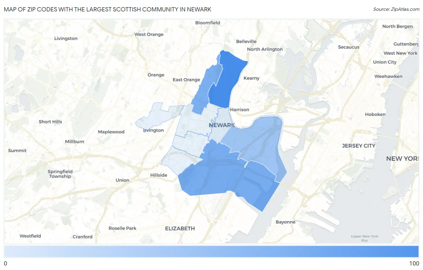 Zip Codes with the Largest Scottish Community in Newark Map