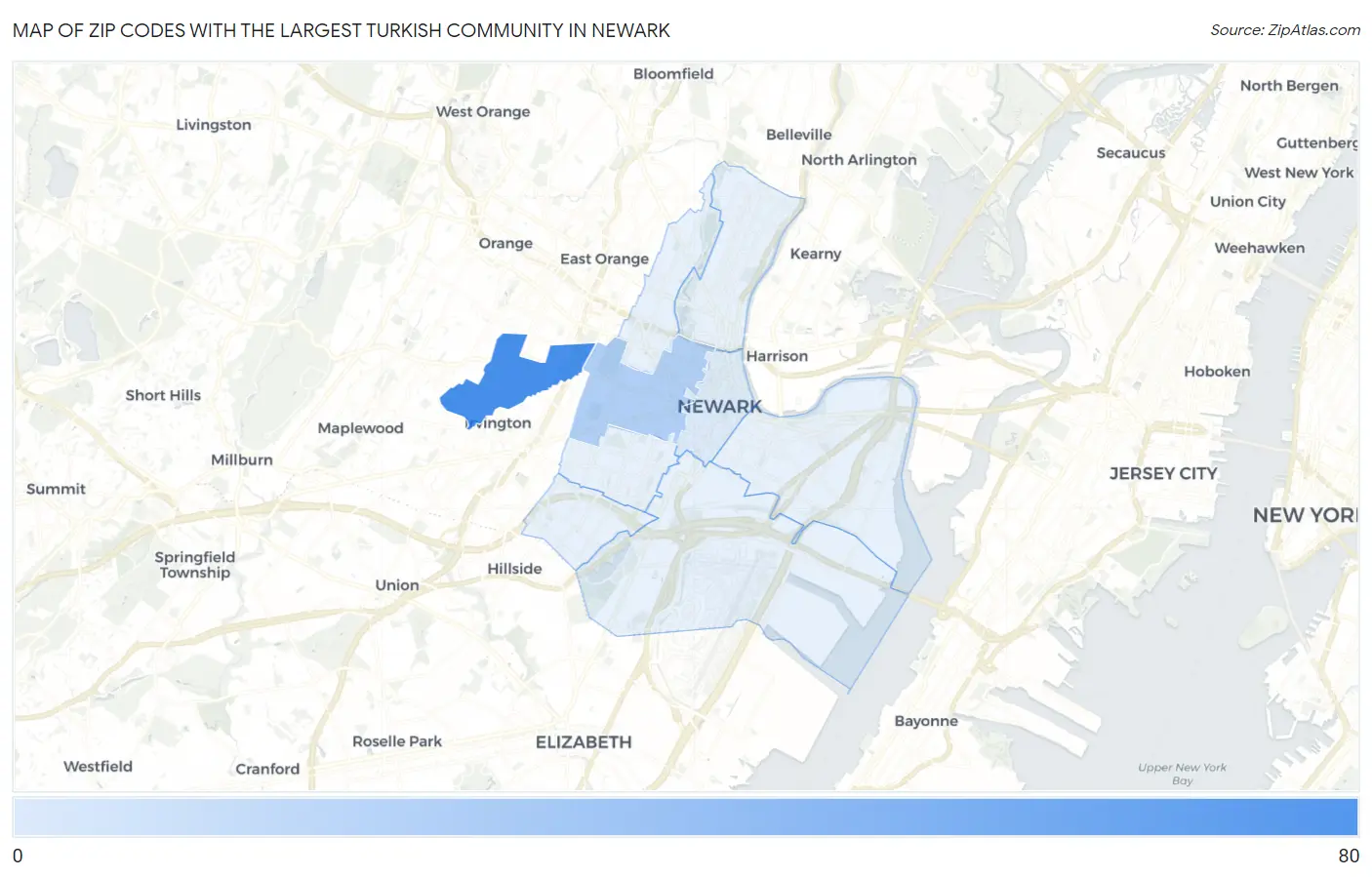 Zip Codes with the Largest Turkish Community in Newark Map