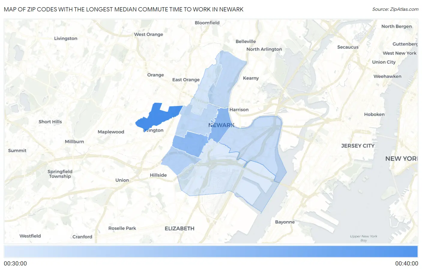 Zip Codes with the Longest Median Commute Time to Work in Newark Map