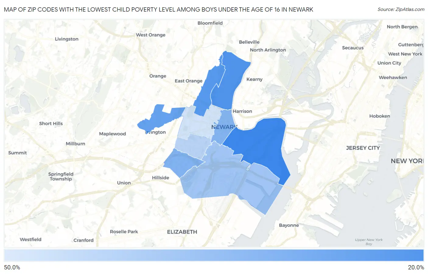 Zip Codes with the Lowest Child Poverty Level Among Boys Under the Age of 16 in Newark Map