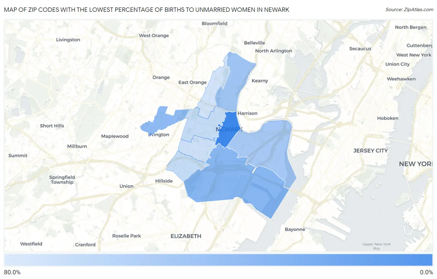 Zip Codes with the Lowest Percentage of Births to Unmarried Women in Newark Map