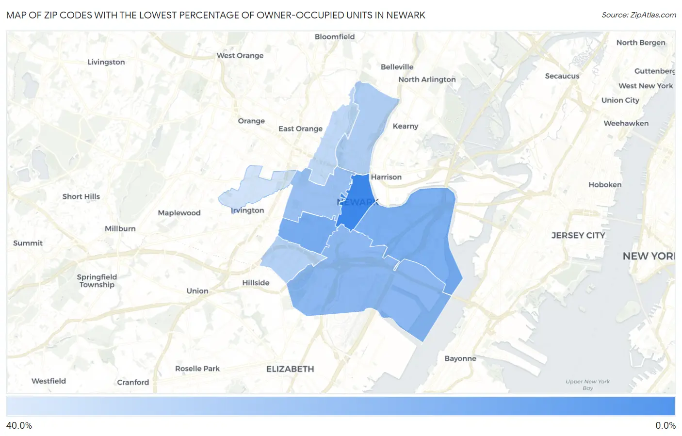 Zip Codes with the Lowest Percentage of Owner-Occupied Units in Newark Map