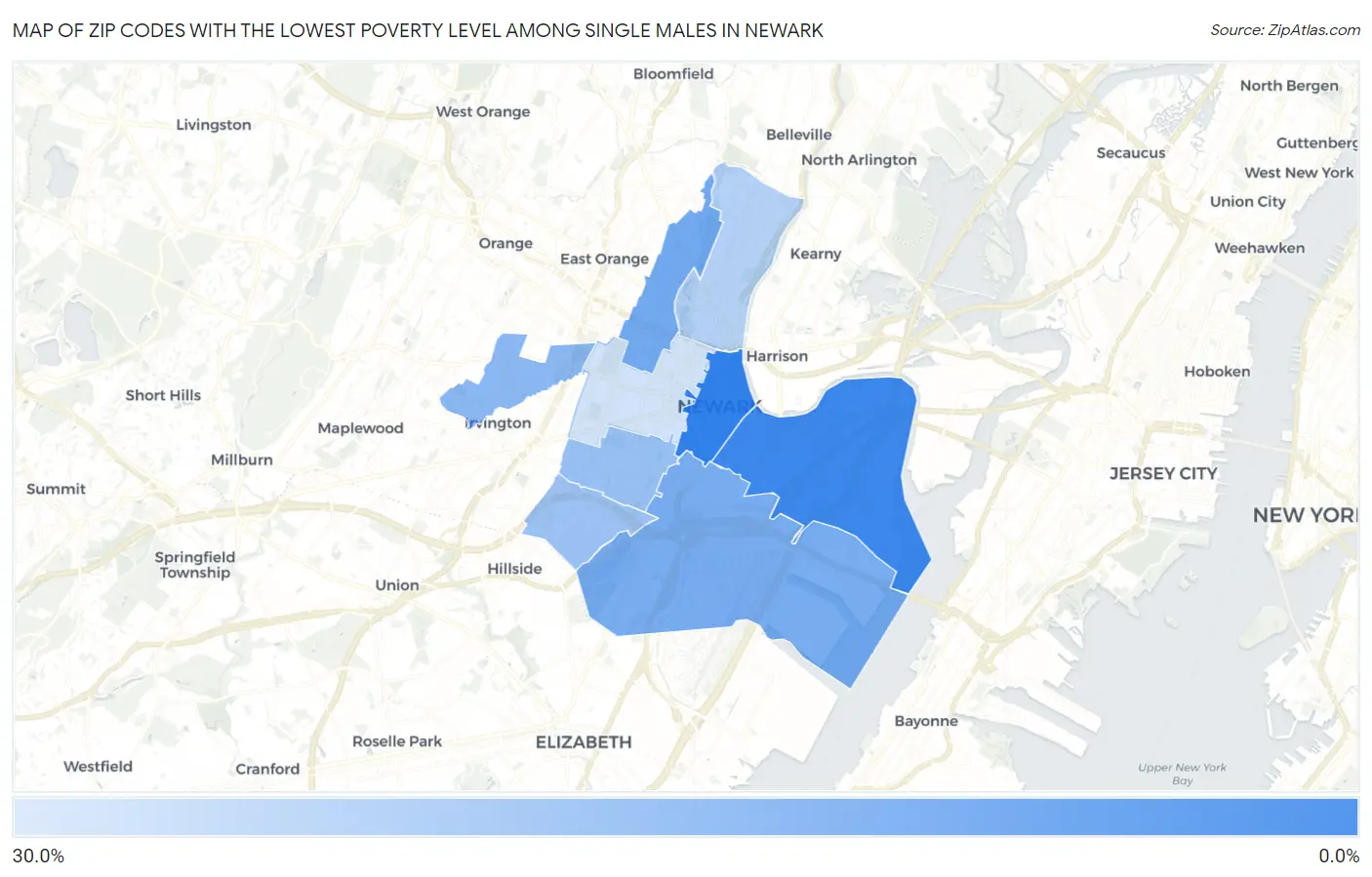Zip Codes with the Lowest Poverty Level Among Single Males in Newark Map