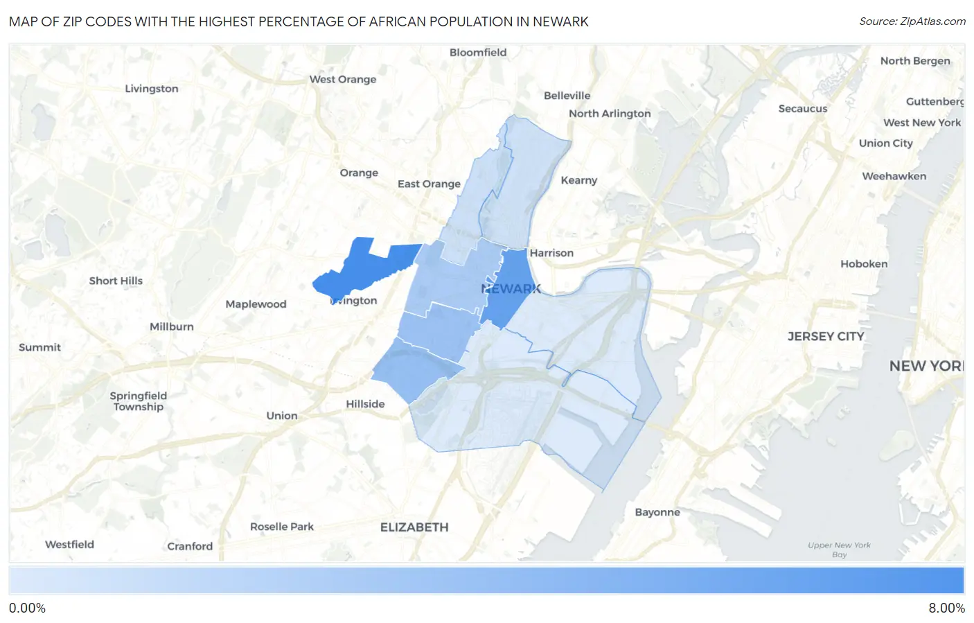 Zip Codes with the Highest Percentage of African Population in Newark Map