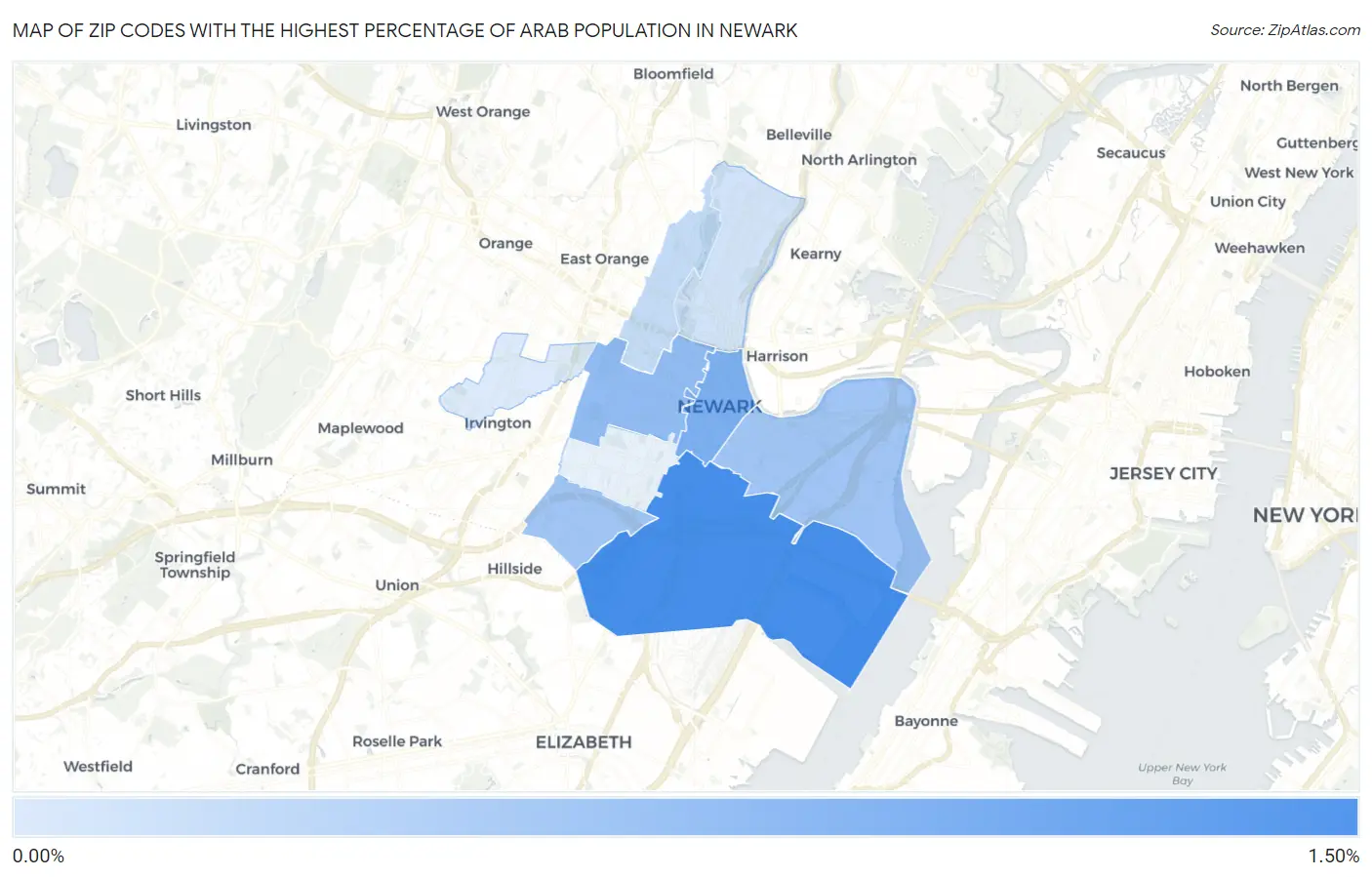 Zip Codes with the Highest Percentage of Arab Population in Newark Map