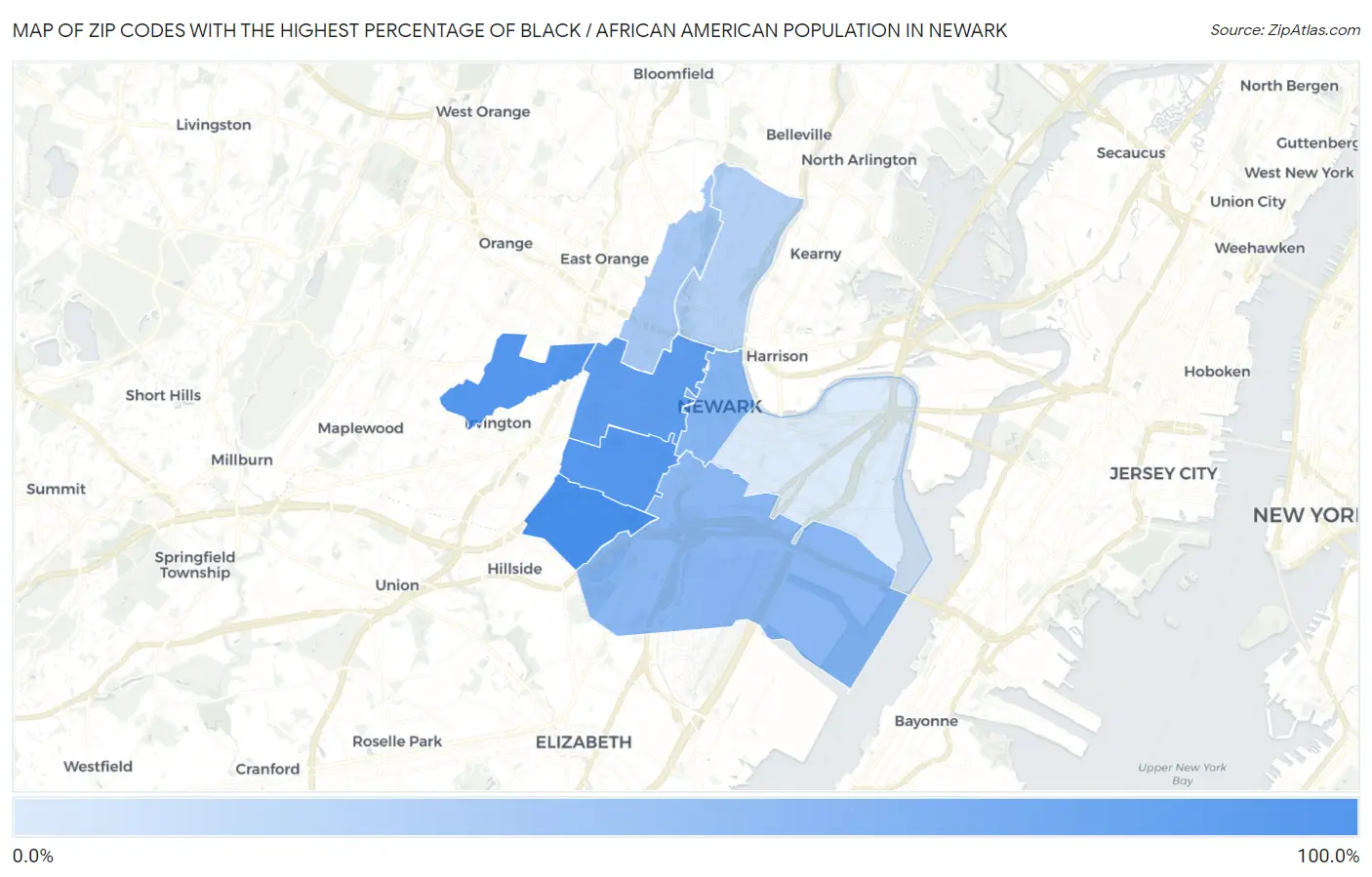Zip Codes with the Highest Percentage of Black / African American Population in Newark Map