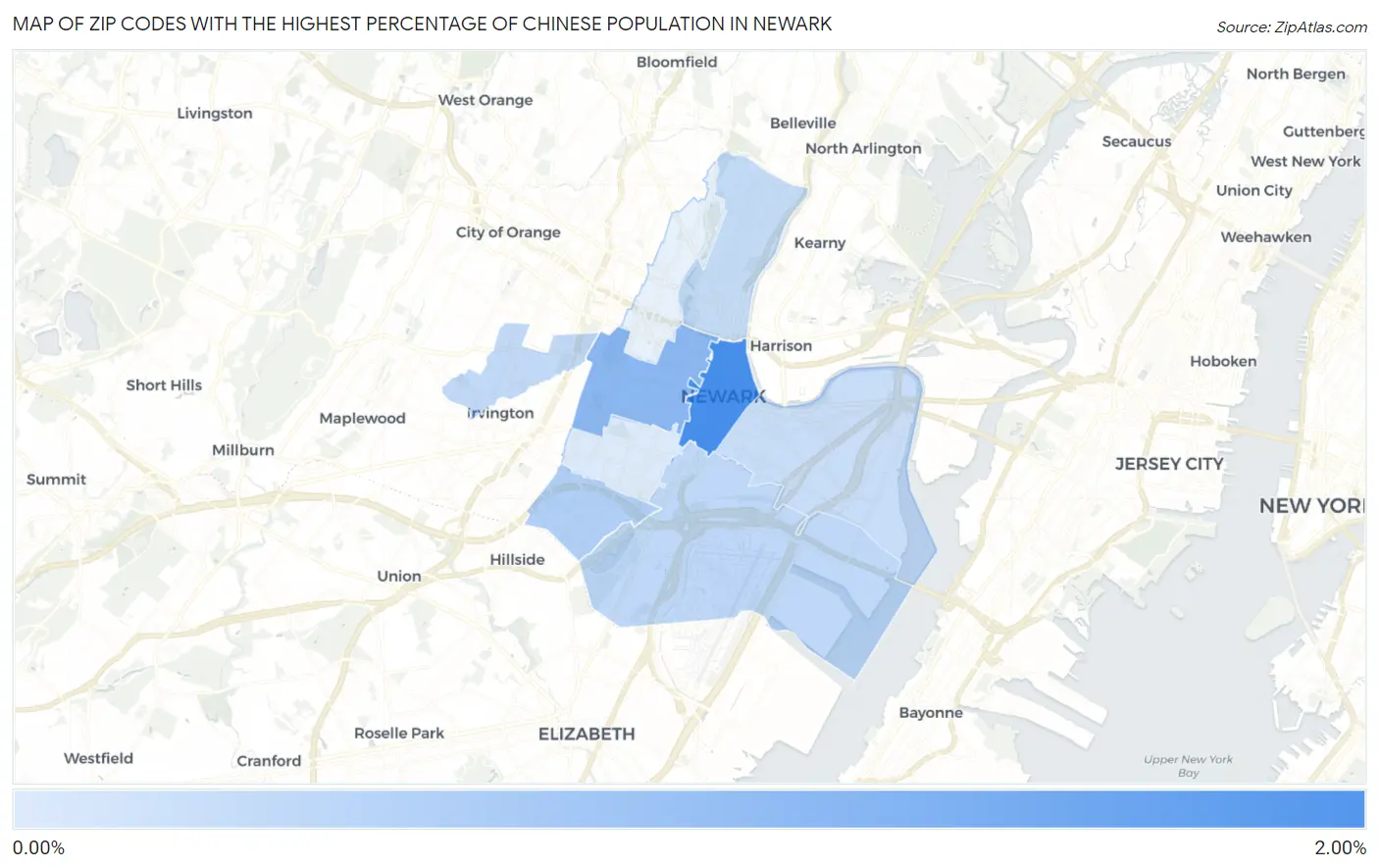 Zip Codes with the Highest Percentage of Chinese Population in Newark Map