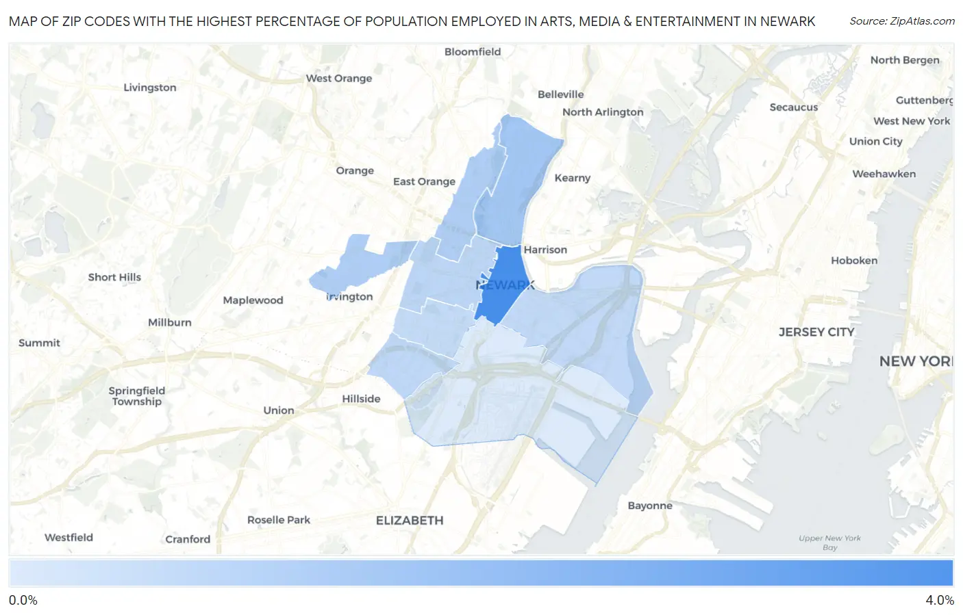 Zip Codes with the Highest Percentage of Population Employed in Arts, Media & Entertainment in Newark Map