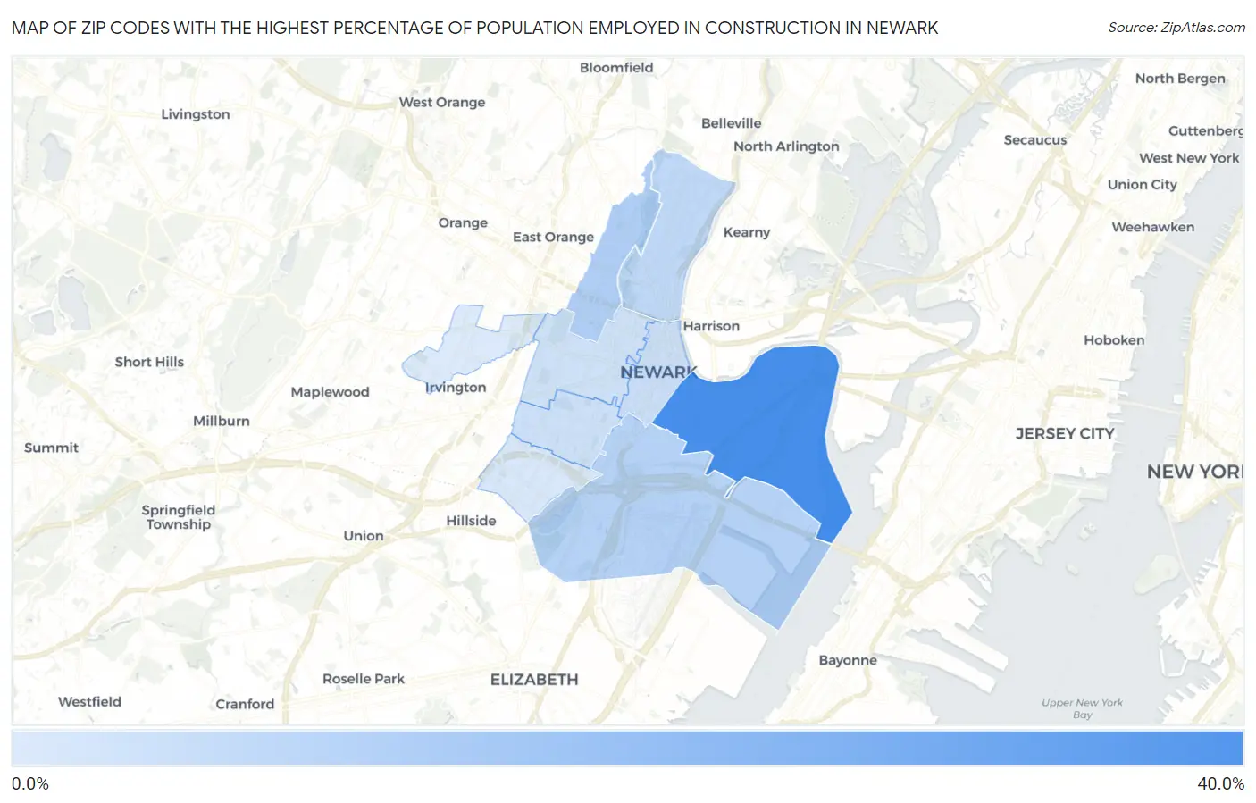 Zip Codes with the Highest Percentage of Population Employed in Construction in Newark Map