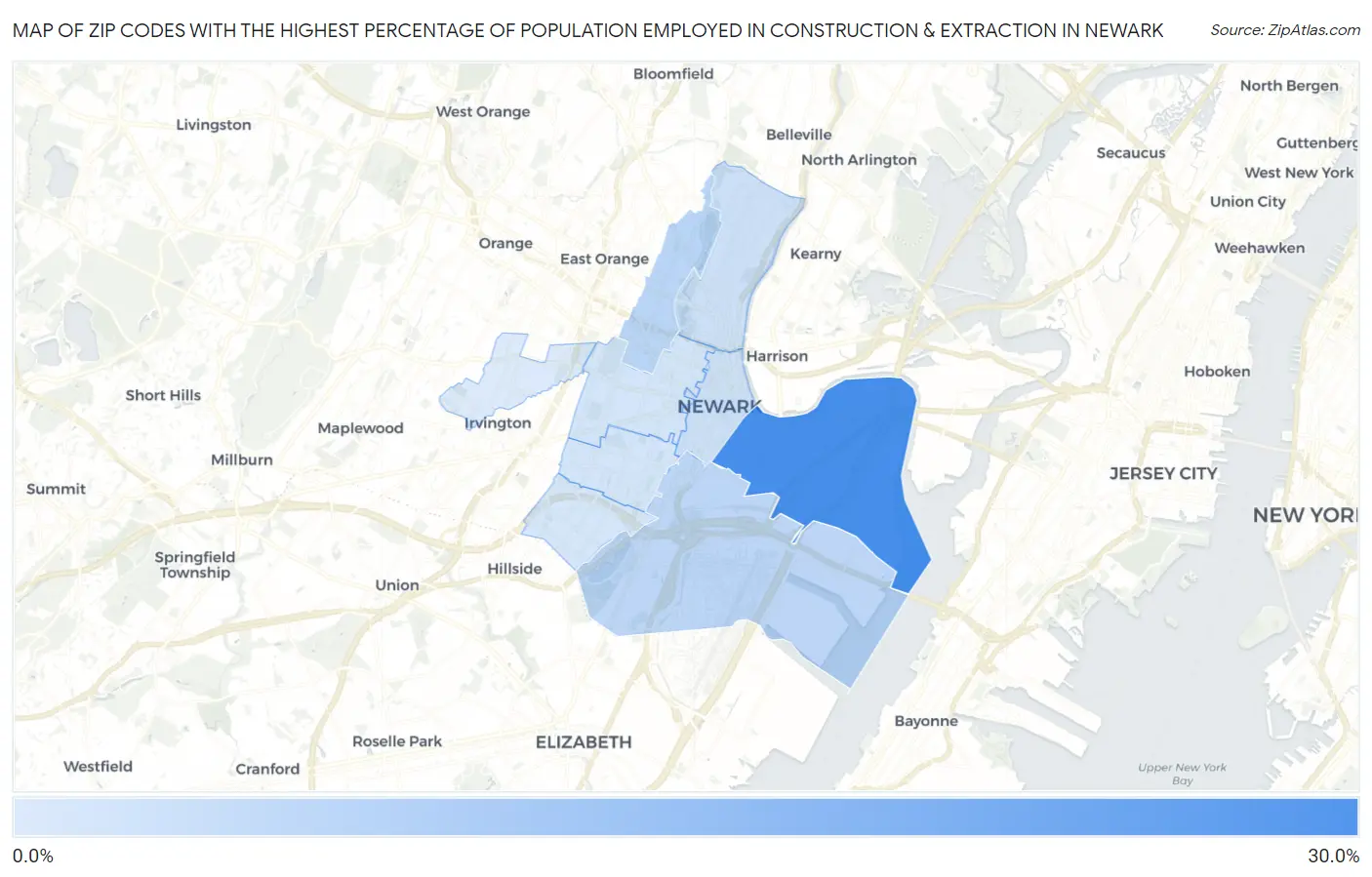 Zip Codes with the Highest Percentage of Population Employed in Construction & Extraction in Newark Map