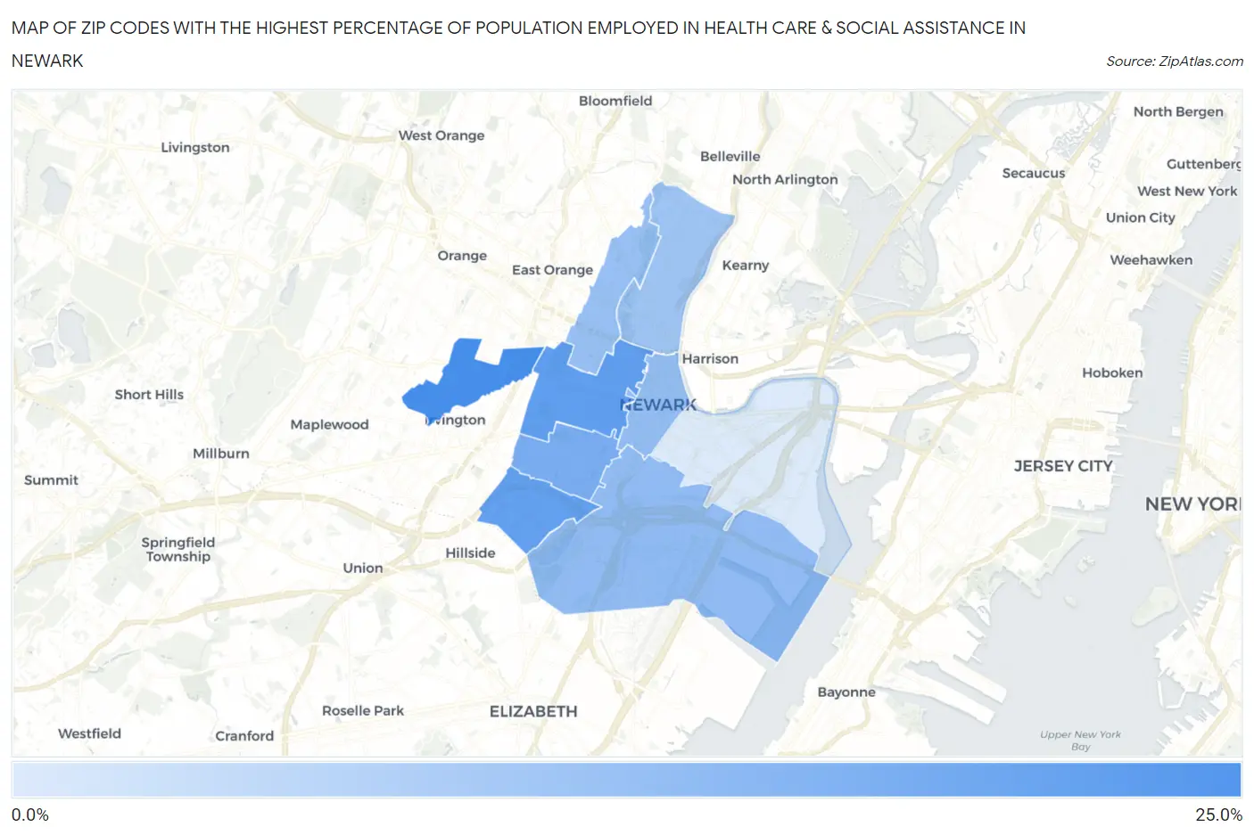 Zip Codes with the Highest Percentage of Population Employed in Health Care & Social Assistance in Newark Map