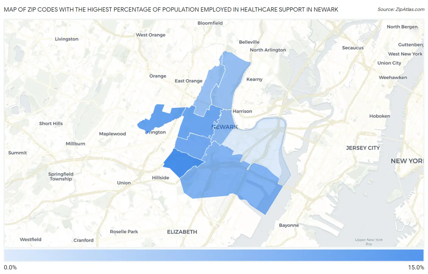 Zip Codes with the Highest Percentage of Population Employed in Healthcare Support in Newark Map