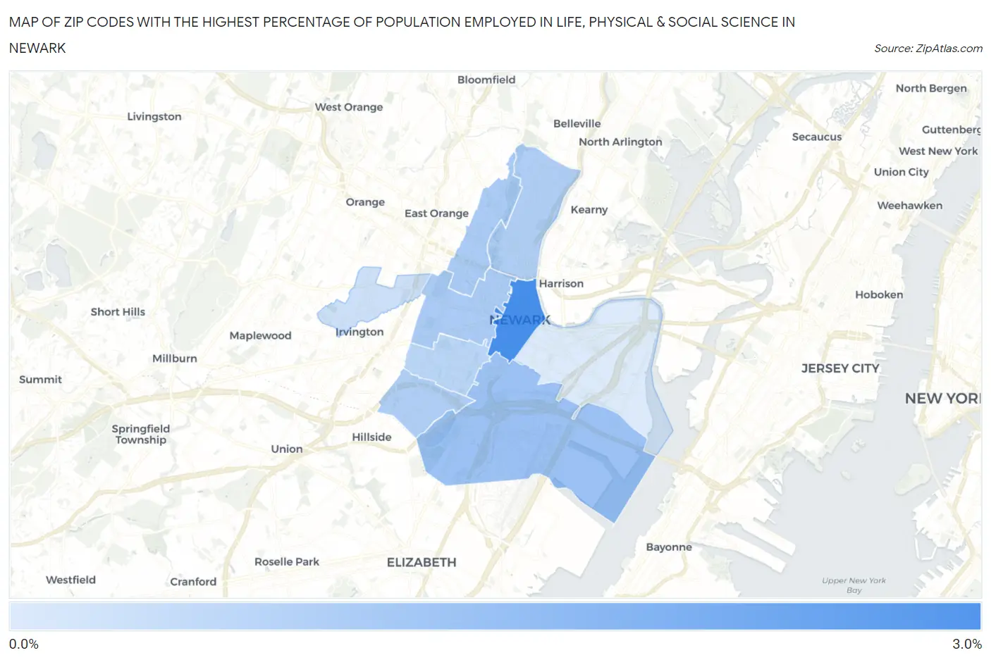 Zip Codes with the Highest Percentage of Population Employed in Life, Physical & Social Science in Newark Map