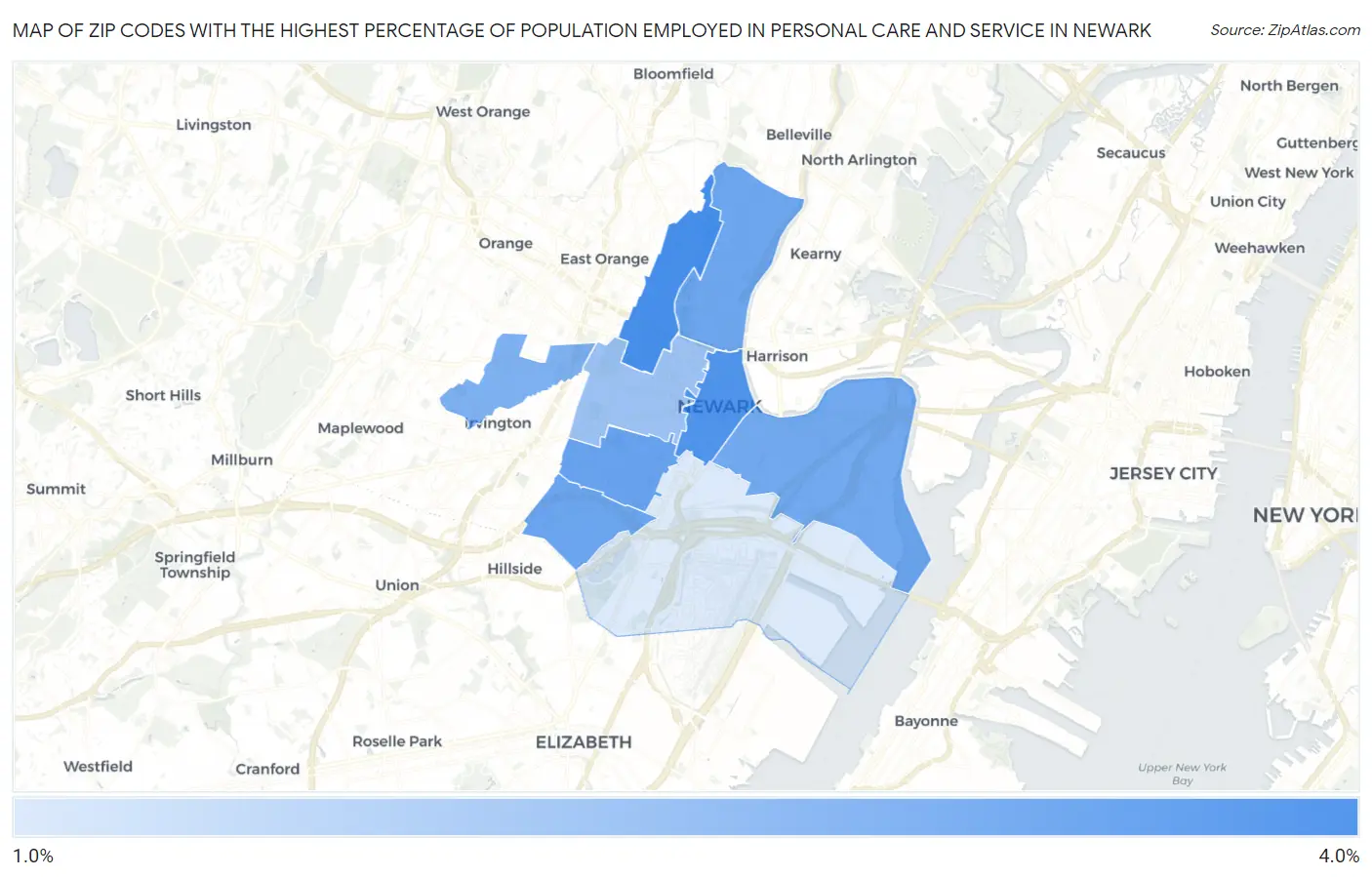 Zip Codes with the Highest Percentage of Population Employed in Personal Care and Service in Newark Map