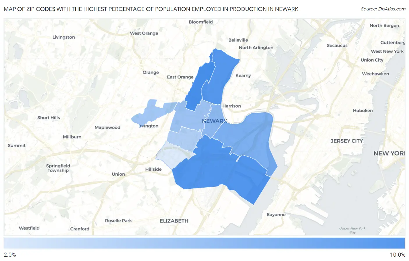 Zip Codes with the Highest Percentage of Population Employed in Production in Newark Map