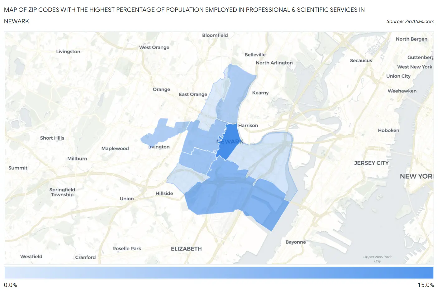 Zip Codes with the Highest Percentage of Population Employed in Professional & Scientific Services in Newark Map