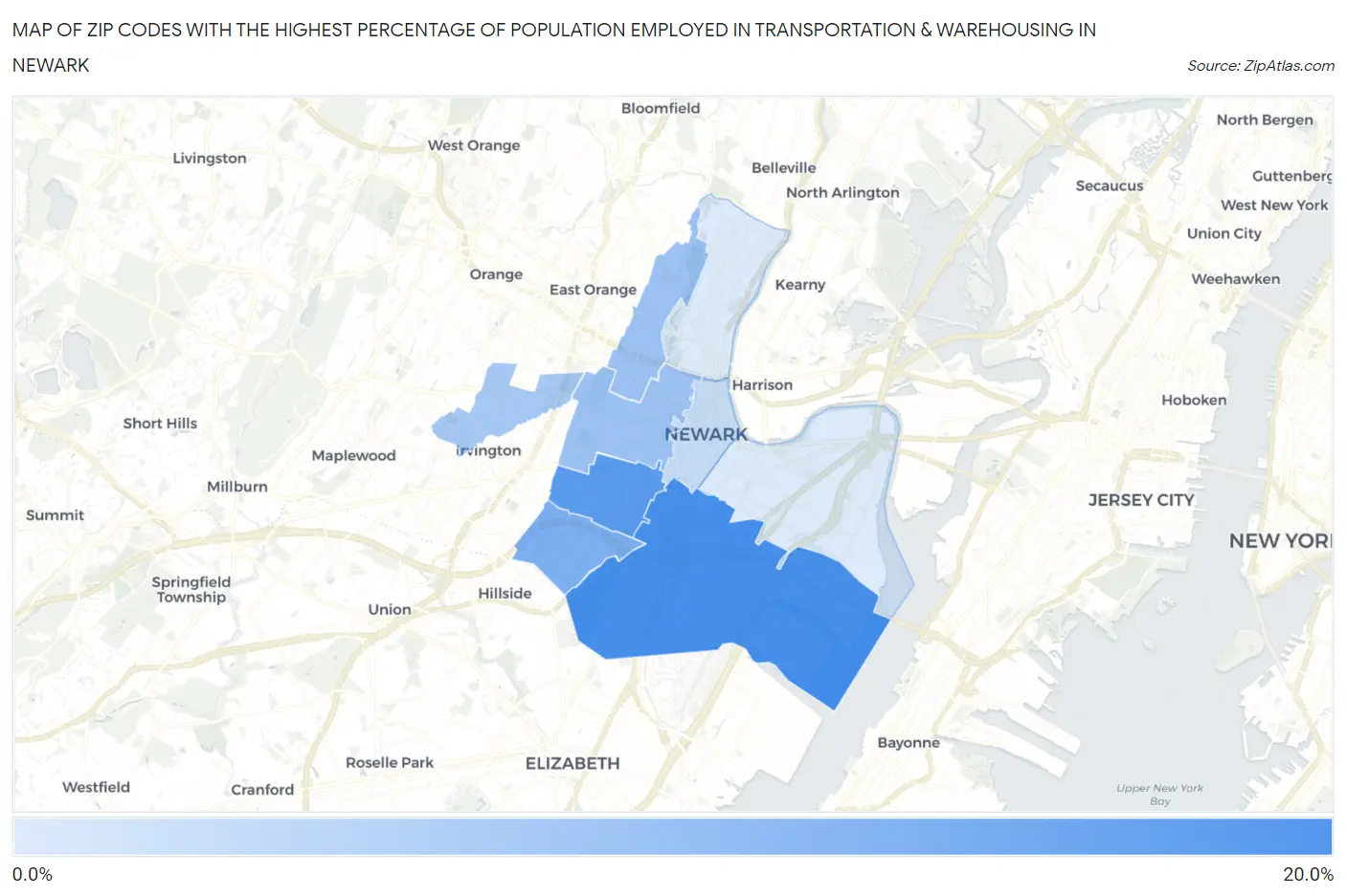Zip Codes with the Highest Percentage of Population Employed in Transportation & Warehousing in Newark Map