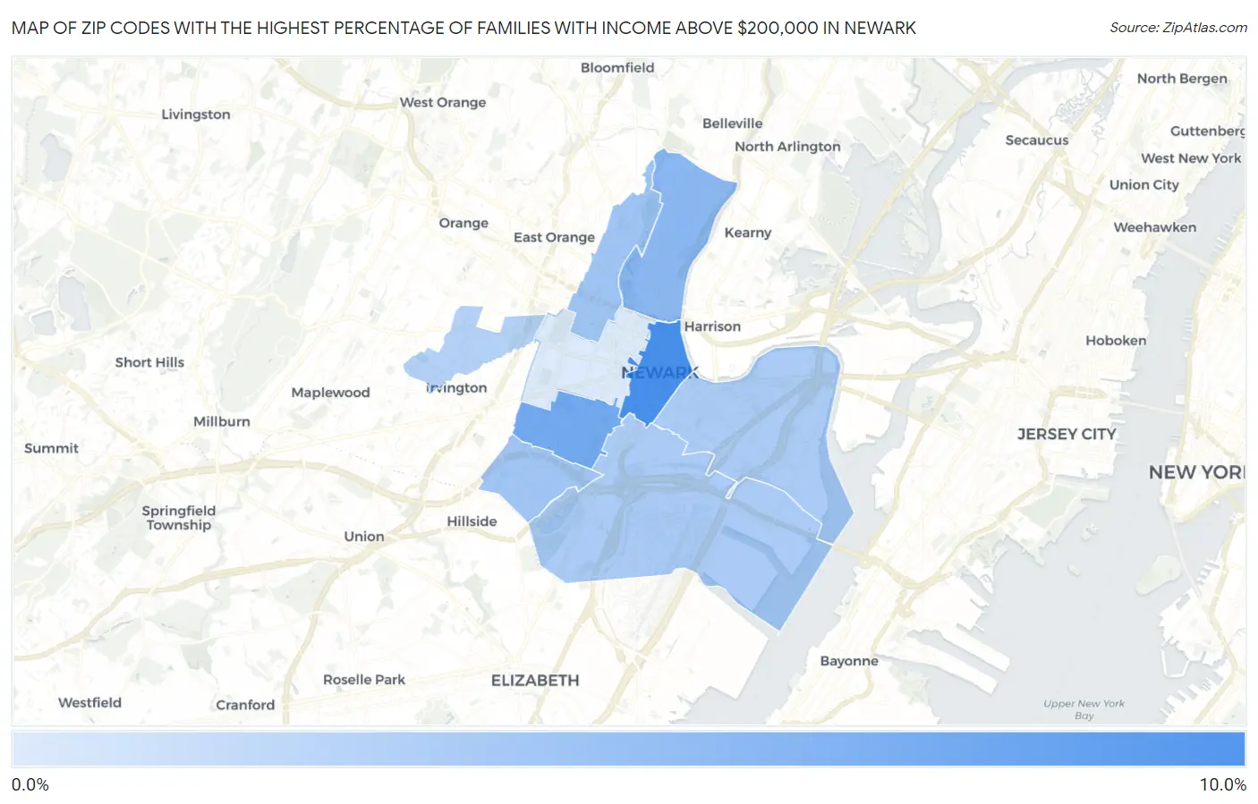 Zip Codes with the Highest Percentage of Families with Income Above $200,000 in Newark Map