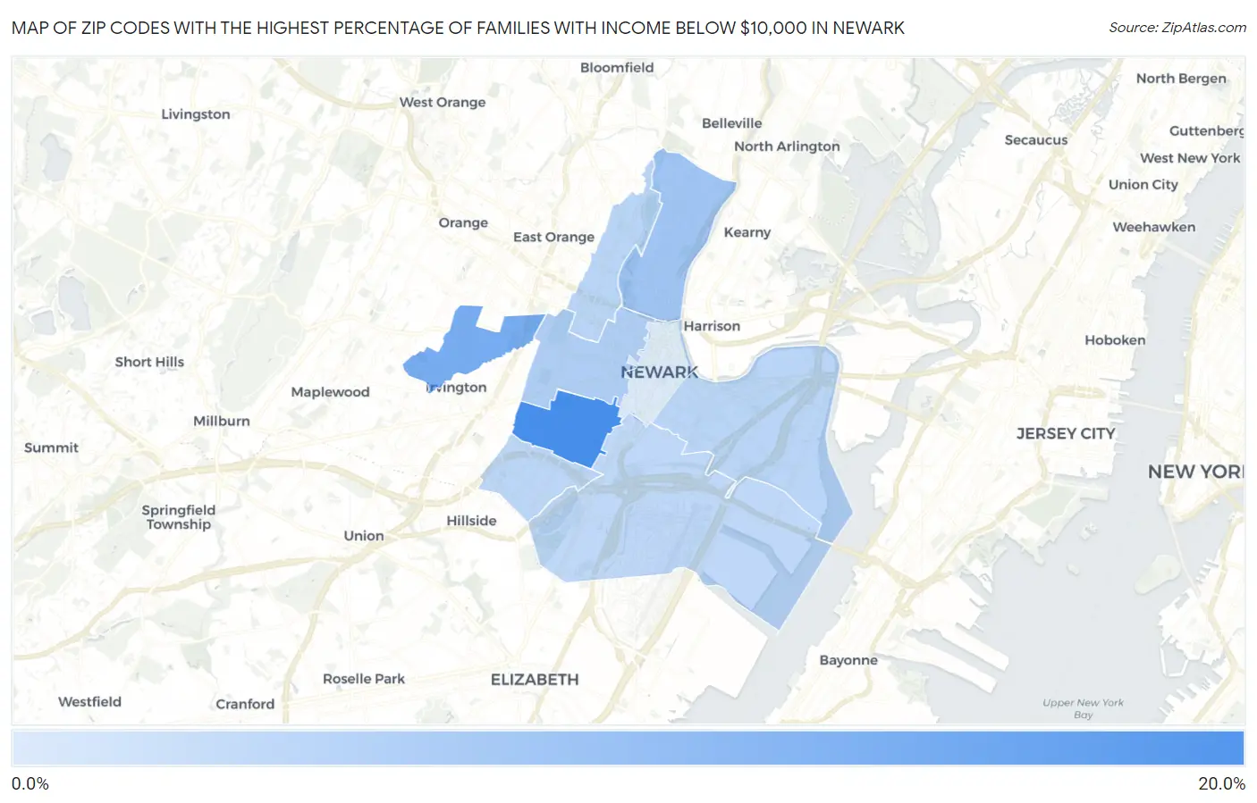 Zip Codes with the Highest Percentage of Families with Income Below $10,000 in Newark Map