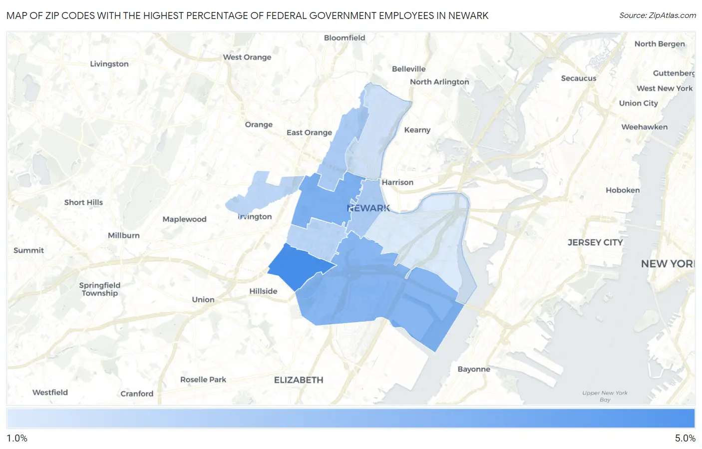 Zip Codes with the Highest Percentage of Federal Government Employees in Newark Map