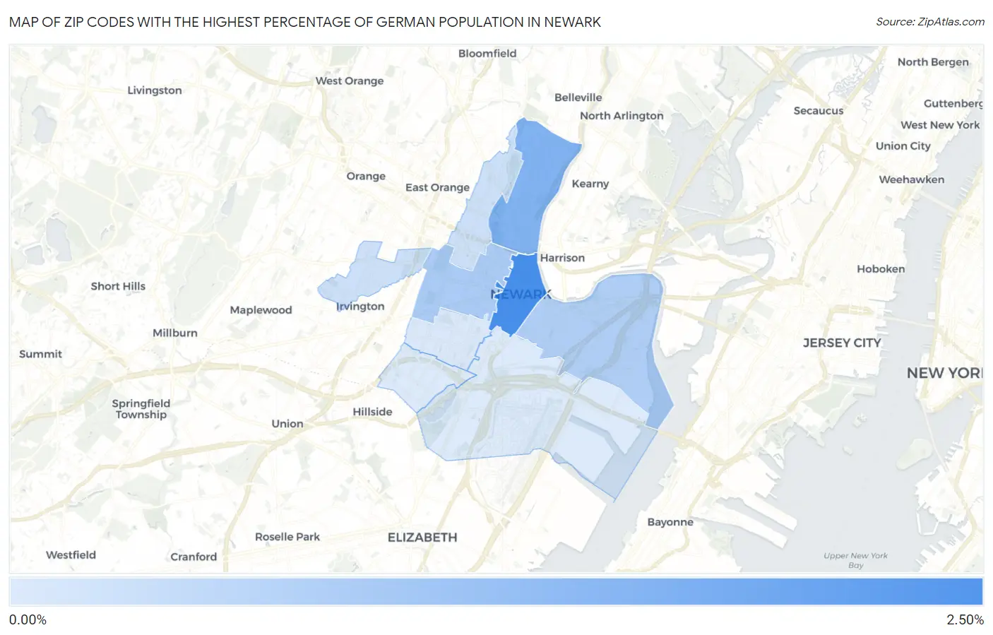 Zip Codes with the Highest Percentage of German Population in Newark Map