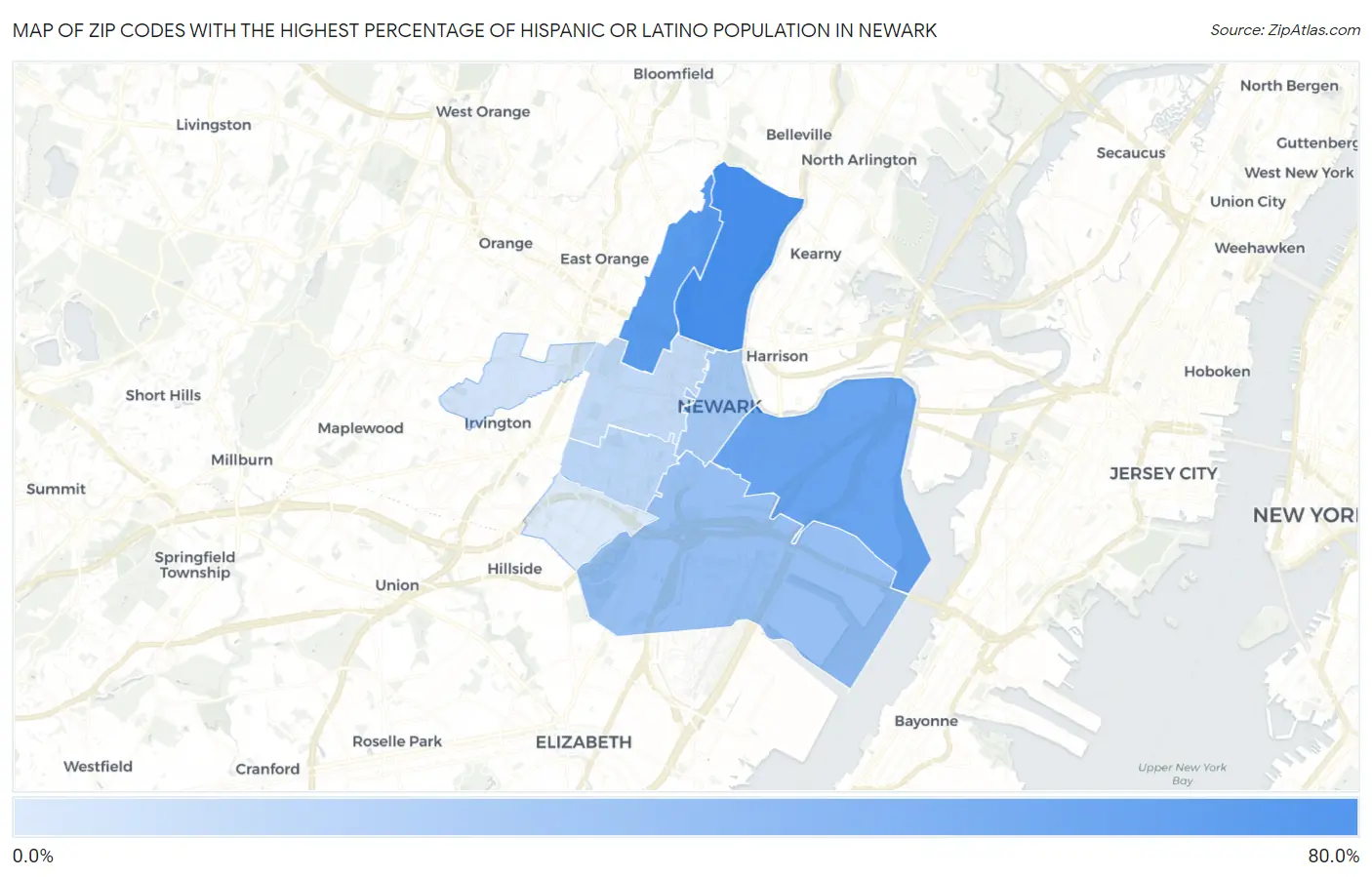 Zip Codes with the Highest Percentage of Hispanic or Latino Population in Newark Map