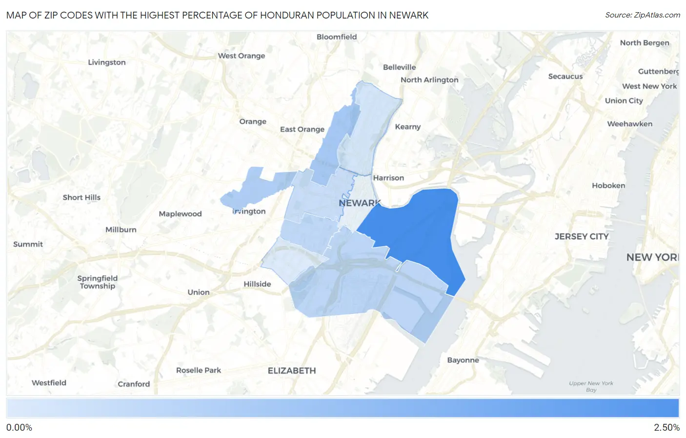Zip Codes with the Highest Percentage of Honduran Population in Newark Map
