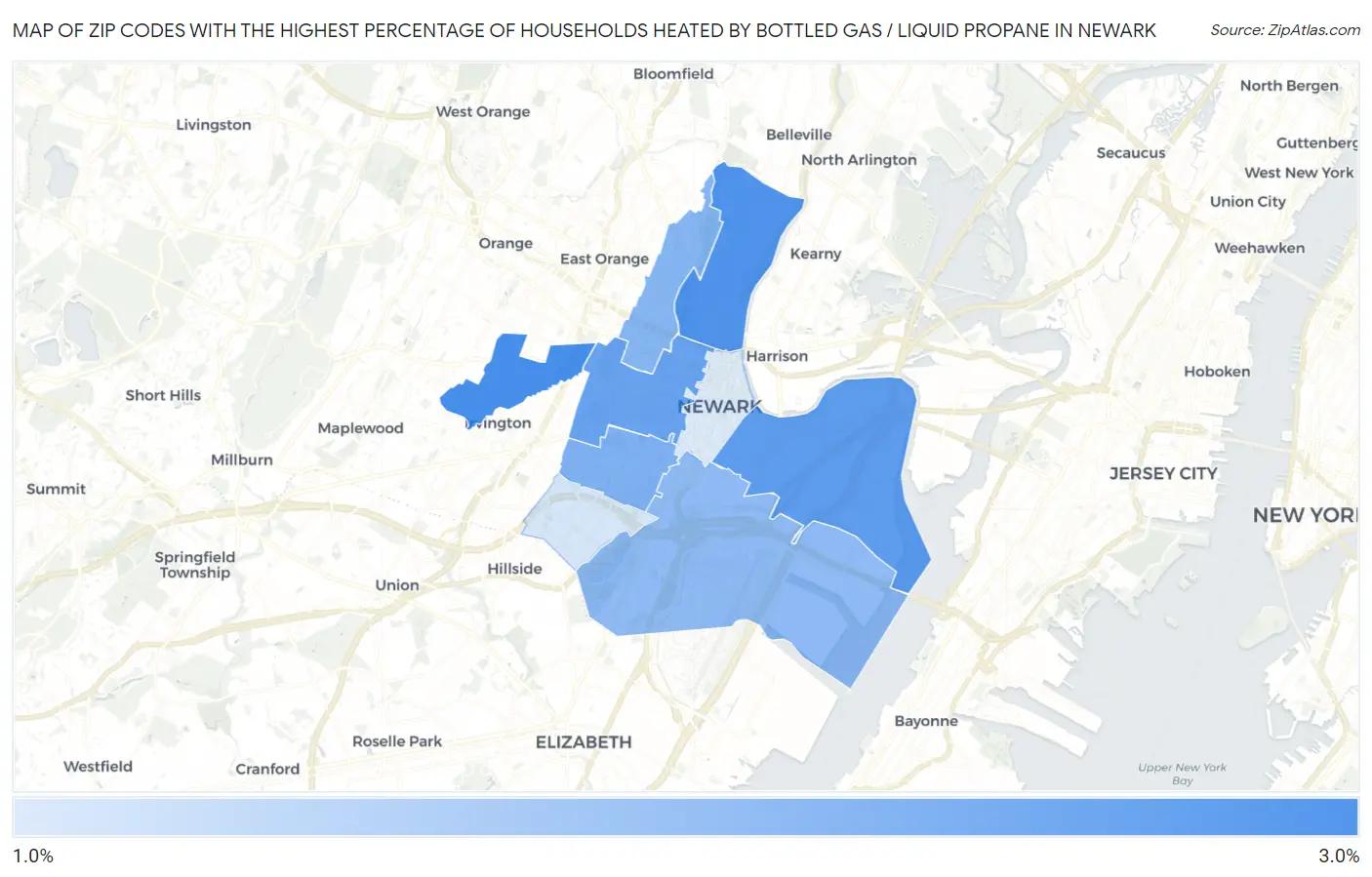 Zip Codes with the Highest Percentage of Households Heated by Bottled Gas / Liquid Propane in Newark Map