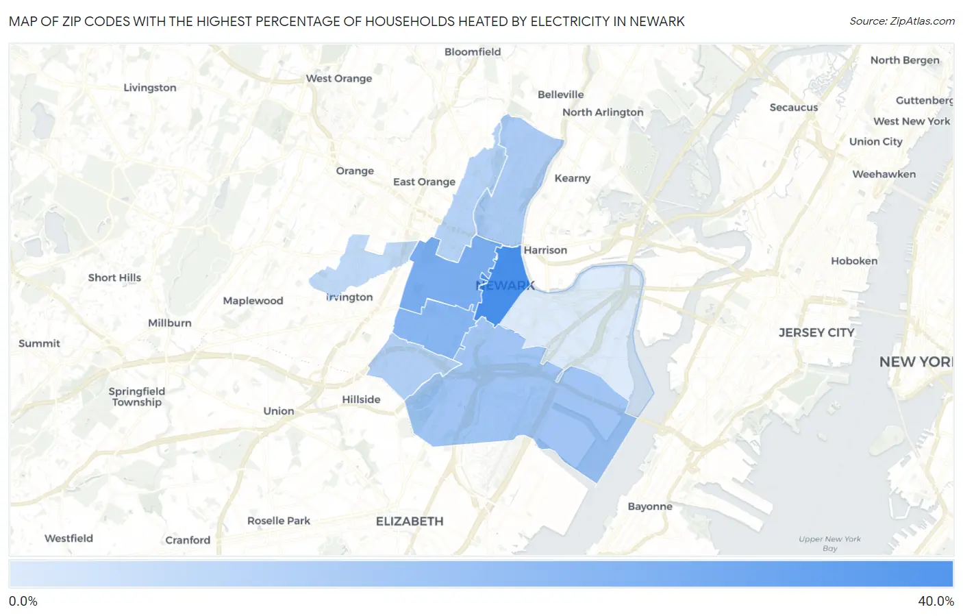 Zip Codes with the Highest Percentage of Households Heated by Electricity in Newark Map