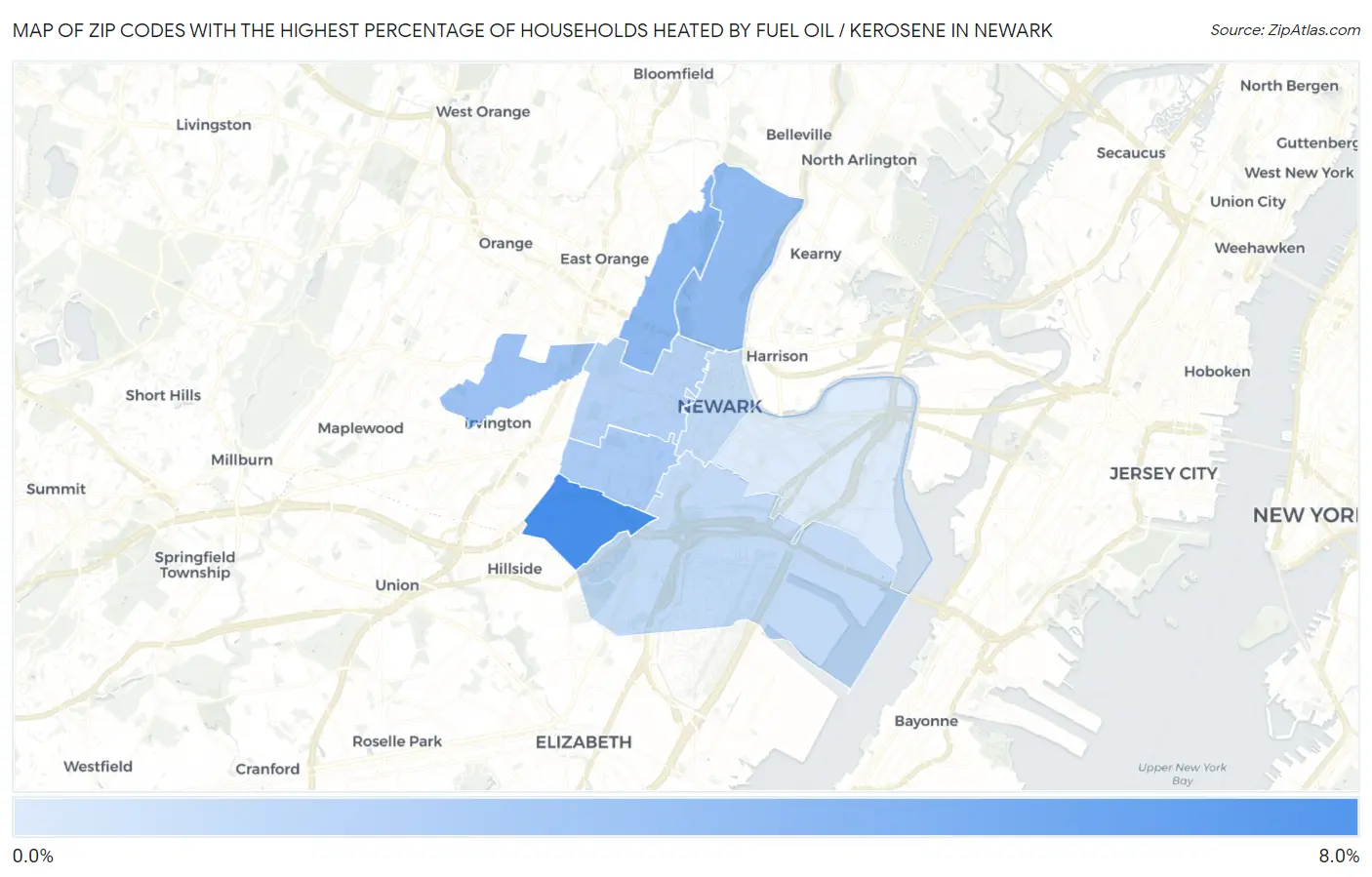 Zip Codes with the Highest Percentage of Households Heated by Fuel Oil / Kerosene in Newark Map