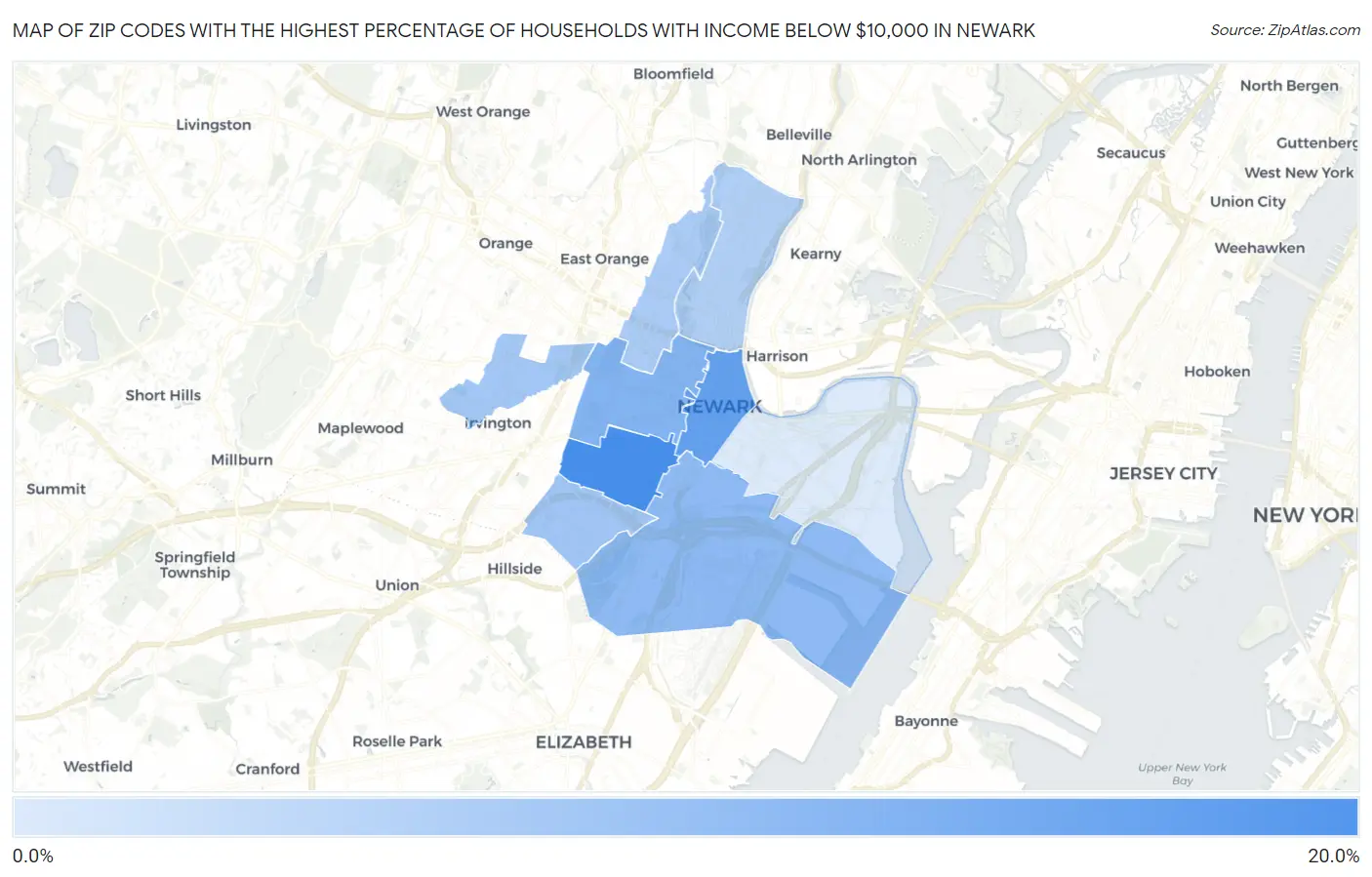 Zip Codes with the Highest Percentage of Households with Income Below $10,000 in Newark Map