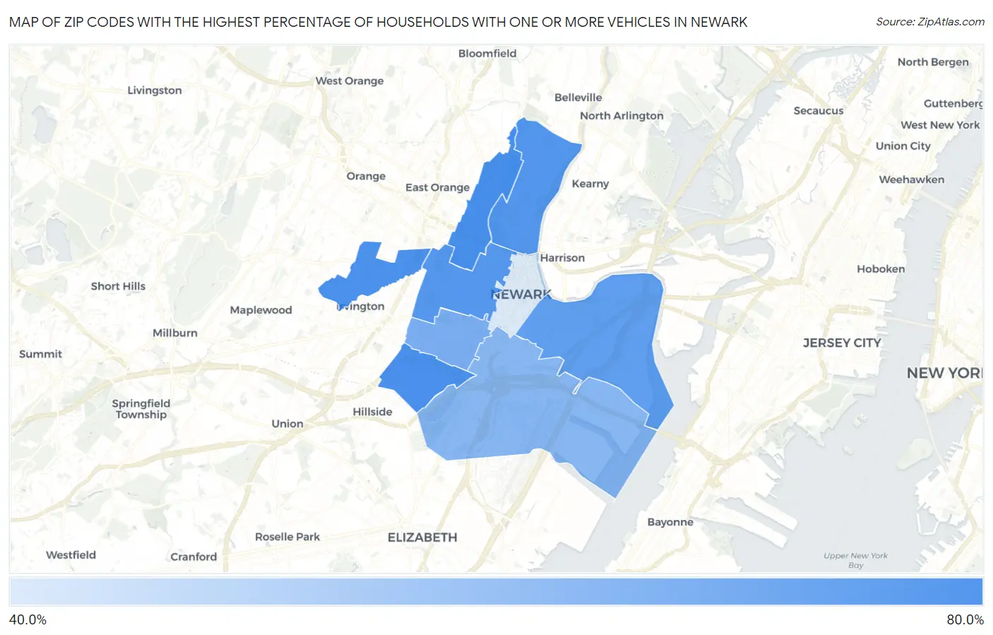 Zip Codes with the Highest Percentage of Households With One or more Vehicles in Newark Map