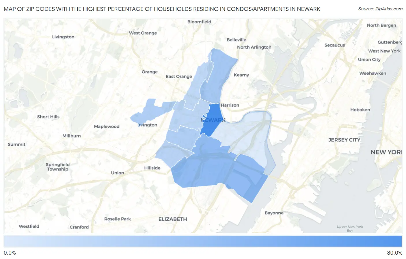 Zip Codes with the Highest Percentage of Households Residing in Condos/Apartments in Newark Map