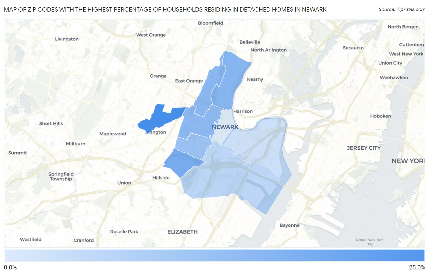 Zip Codes with the Highest Percentage of Households Residing in Detached Homes in Newark Map