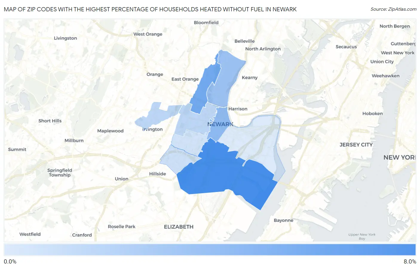 Zip Codes with the Highest Percentage of Households Heated without Fuel in Newark Map