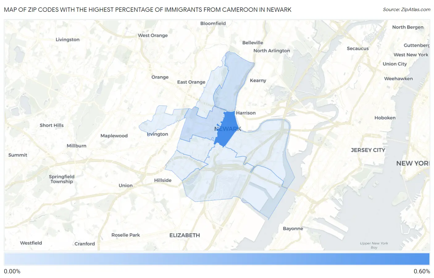 Zip Codes with the Highest Percentage of Immigrants from Cameroon in Newark Map