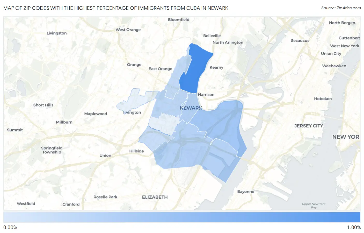 Zip Codes with the Highest Percentage of Immigrants from Cuba in Newark Map
