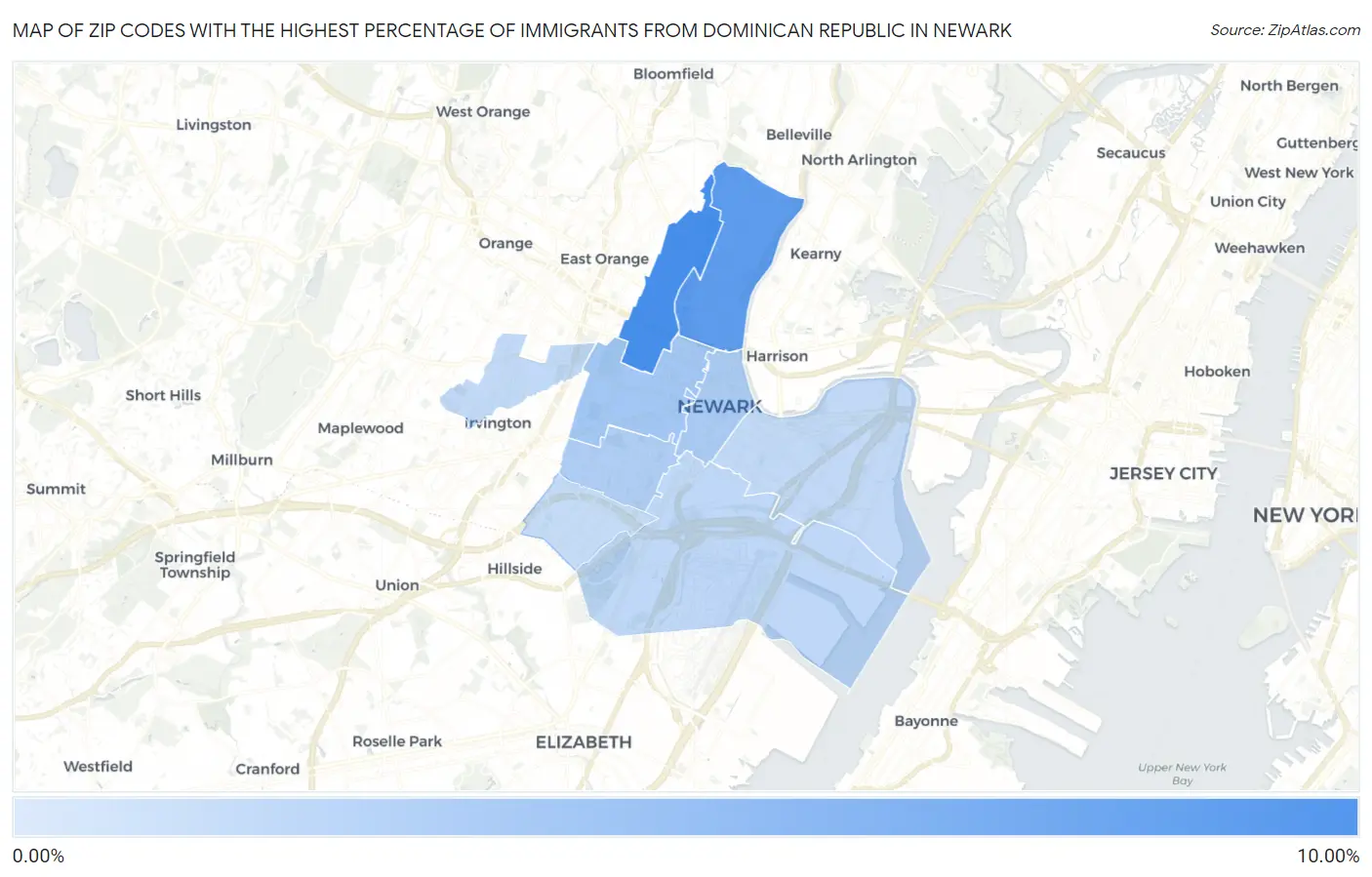 Zip Codes with the Highest Percentage of Immigrants from Dominican Republic in Newark Map