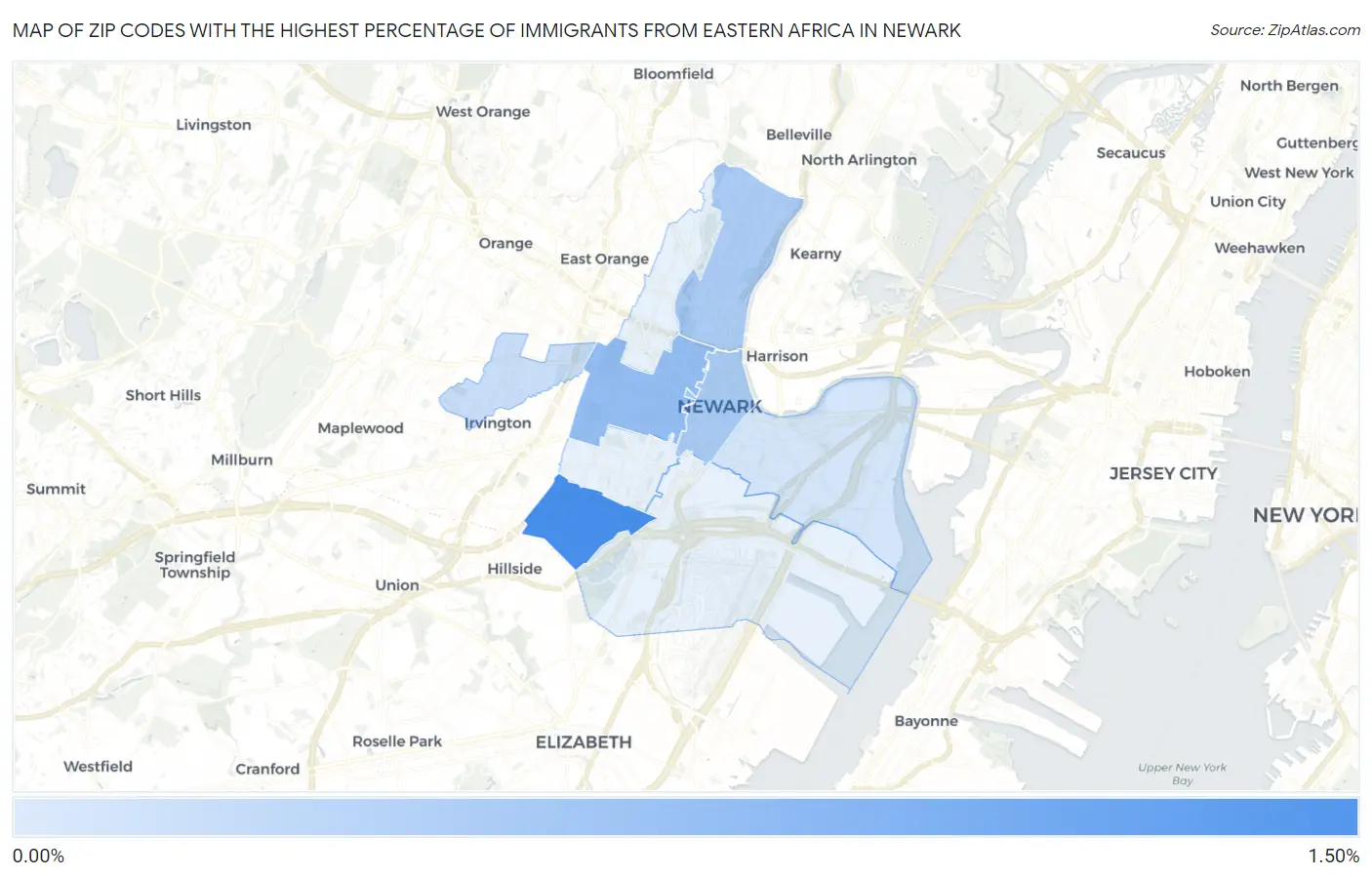Zip Codes with the Highest Percentage of Immigrants from Eastern Africa in Newark Map